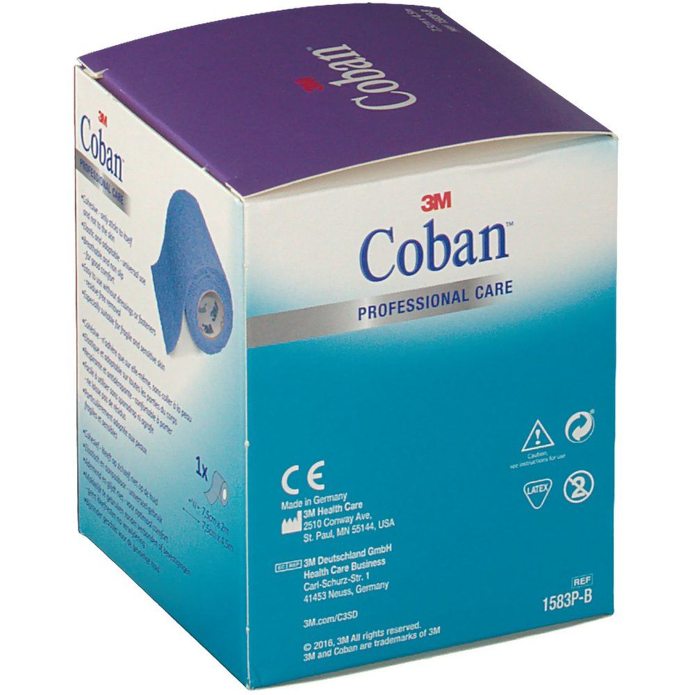 Boîte de bandage bleu 3M Coban. Marquage CE. Informations fabricant. Inscription: 1x.