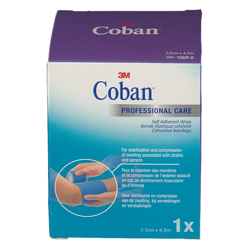 Boîte de bandage bleu 3M Coban. Illustration d'application. Dimensions: 7,5cm x 4,5m. Inscription: 1x.