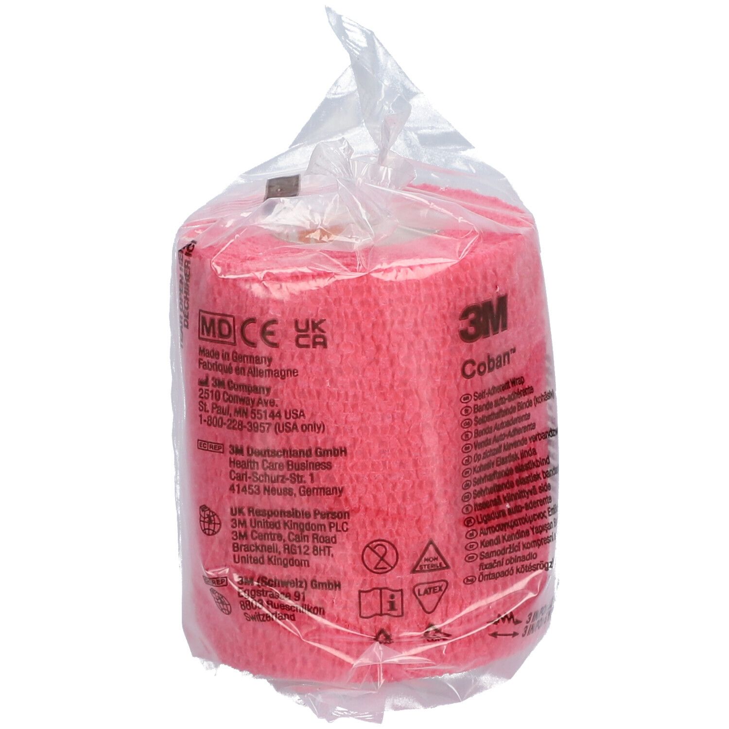 Roze 3M Coban bandage in transparante verpakking. Opschriften: 3M, Coban, MD CE UK CA. Adres fabrikant. 3 IN/PO x 2,2 YD/7,5 cm x 4,5 m.
