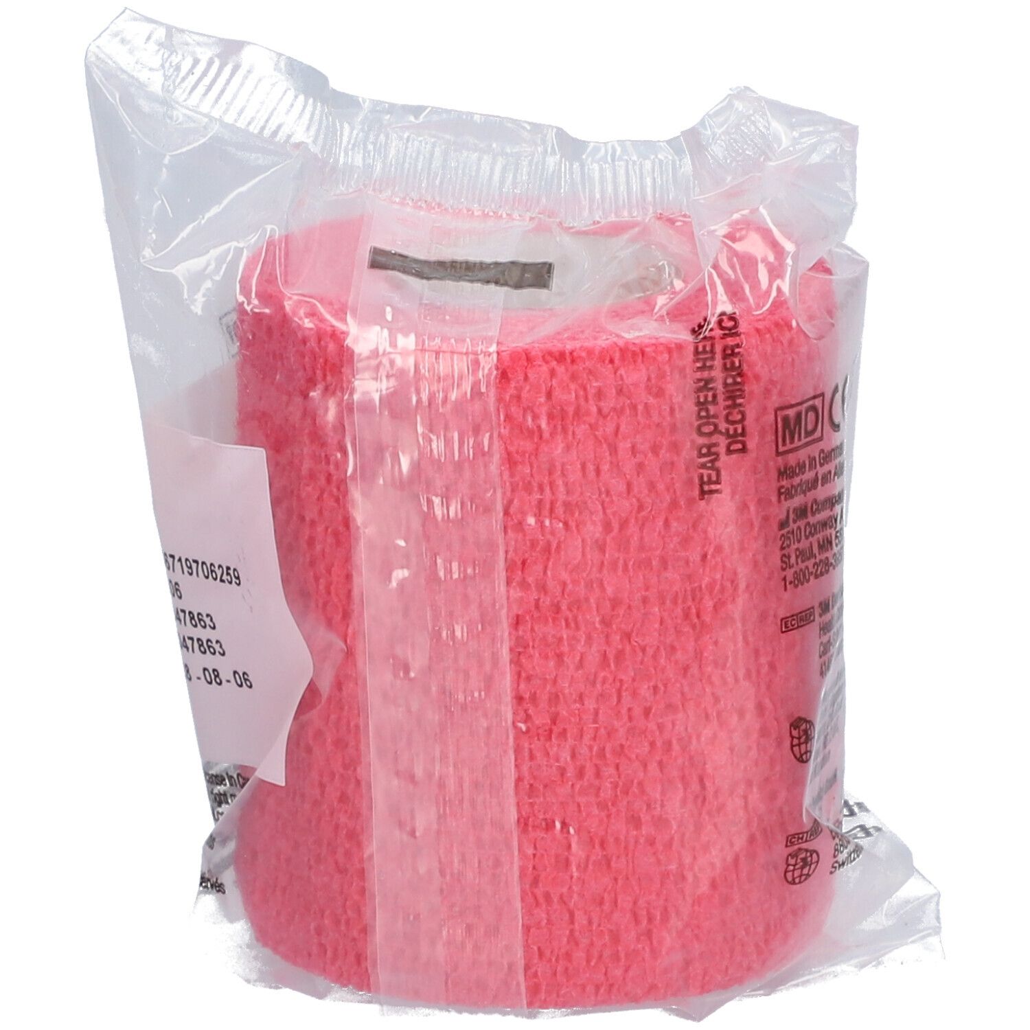 Roze 3M Coban bandage in transparante verpakking. Opschrift: Tear Open Here. MD-teken. 3 IN/PO x 2,2 YD/7,5 cm x 4,5 m.