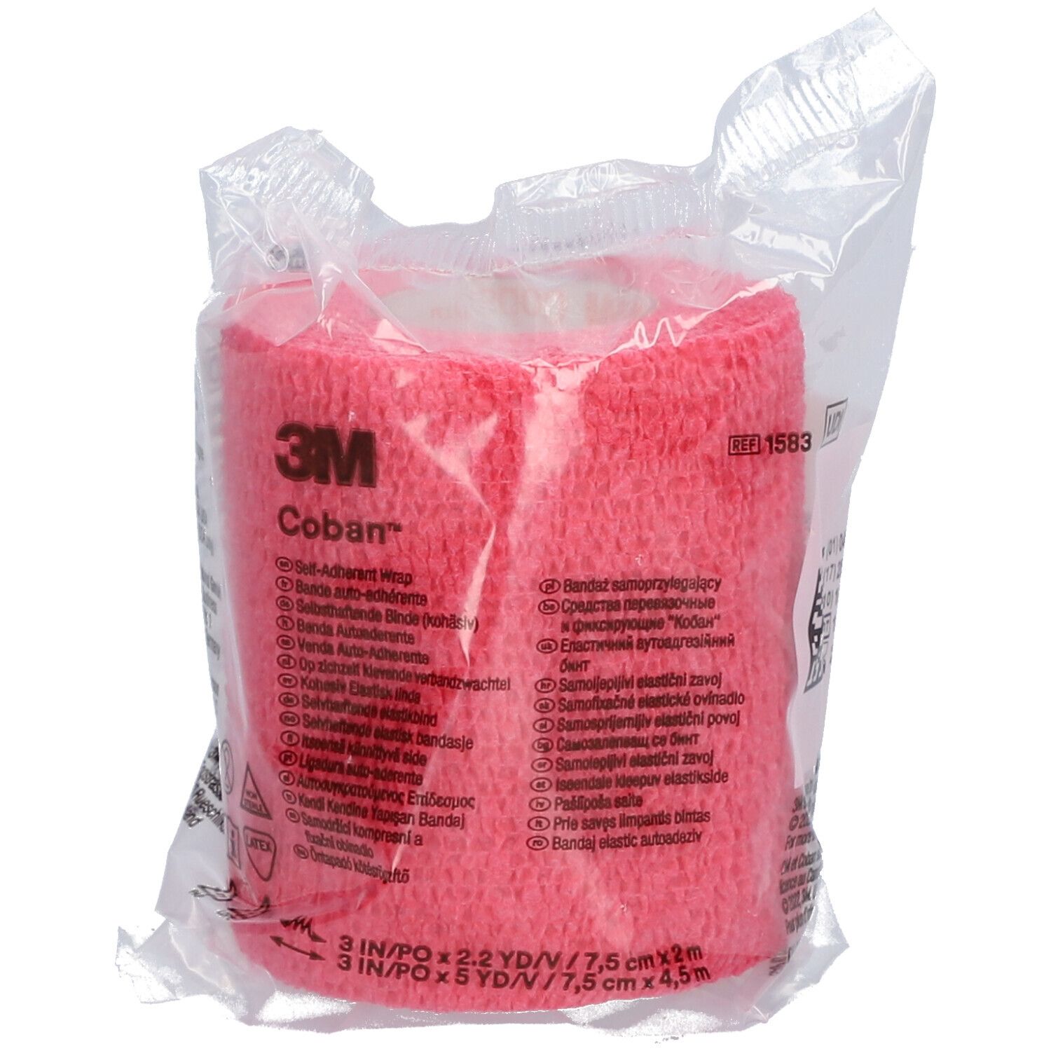 Roze 3M Coban bandage in transparante verpakking. Opschriften: 3M, Coban, 3 IN/PO x 2,2 YD/7,5 cm x 4,5 m. MD-teken.