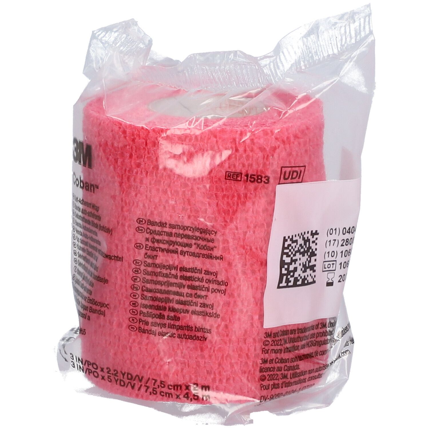 Roze 3M Coban bandage in transparante verpakking. Opschriften: 3M, Coban, UDI, 3 IN/PO x 2,2 YD/7,5 cm x 4,5 m. MD-teken.
