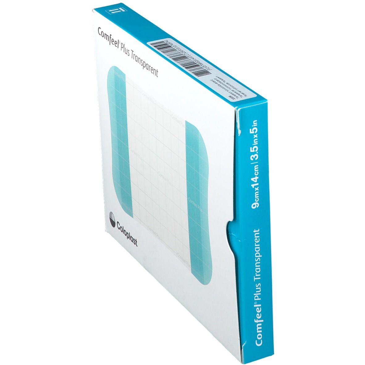 Verpakking Comfeel Plus Transparent, 9 x 14 cm. Merk Coloplast. Zijaanzicht met barcode.