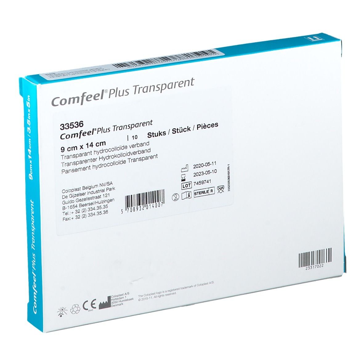Achterkant van de Comfeel Plus Transparent verpakking. Afmeting 9 x 14 cm. Informatie en barcode.