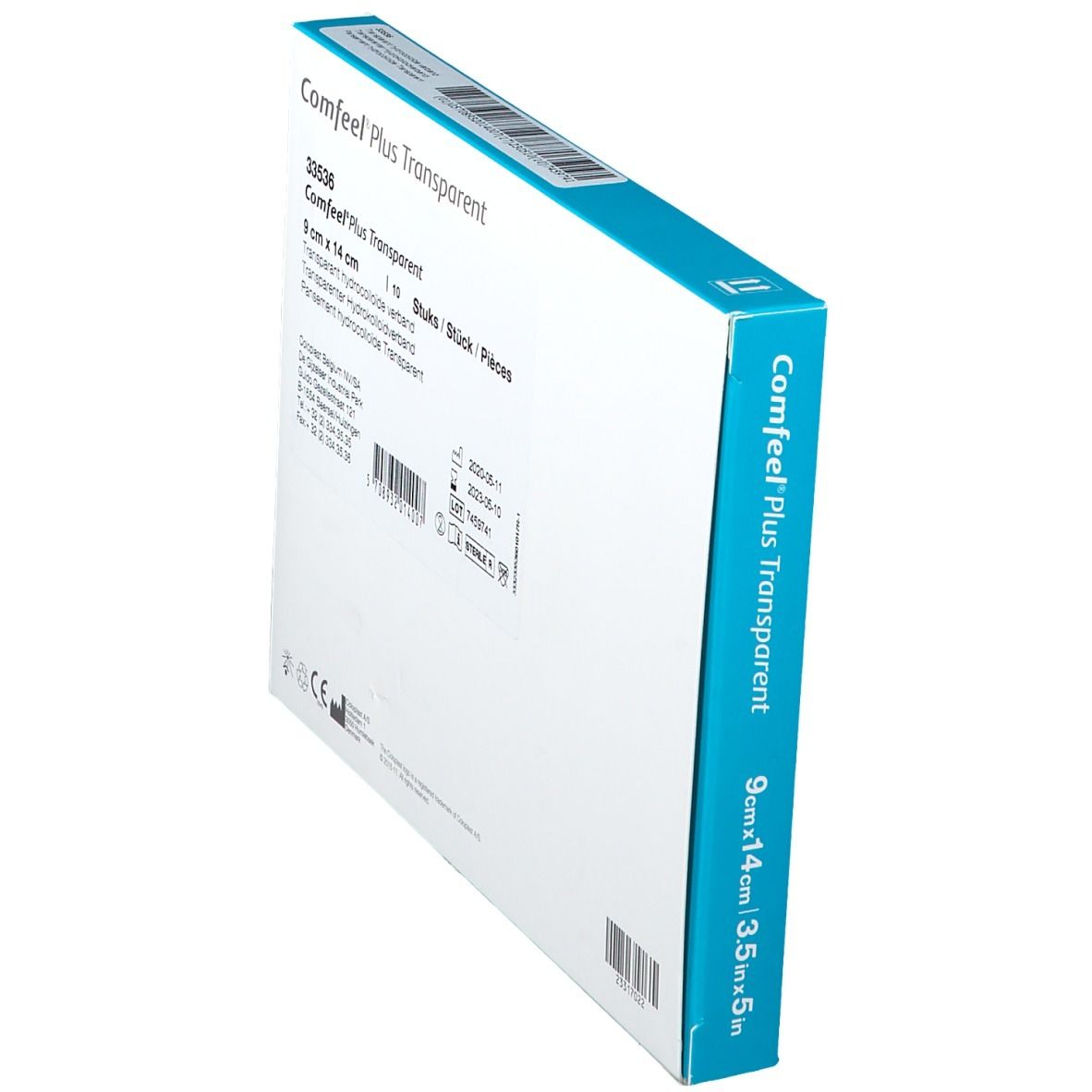 Verpakking Comfeel Plus Transparent, 9 x 14 cm. Merk Coloplast. Zijaanzicht met productinformatie.