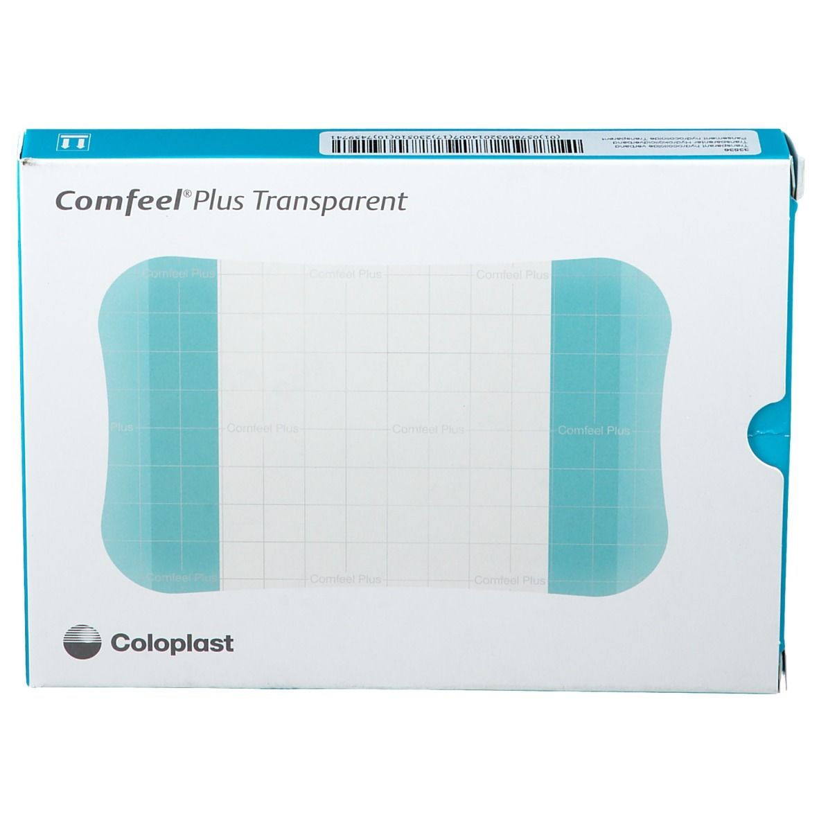 Verpakking Comfeel Plus Transparent. Afmeting 9 x 14 cm. Merk Coloplast. Zichtbaar transparant verband.