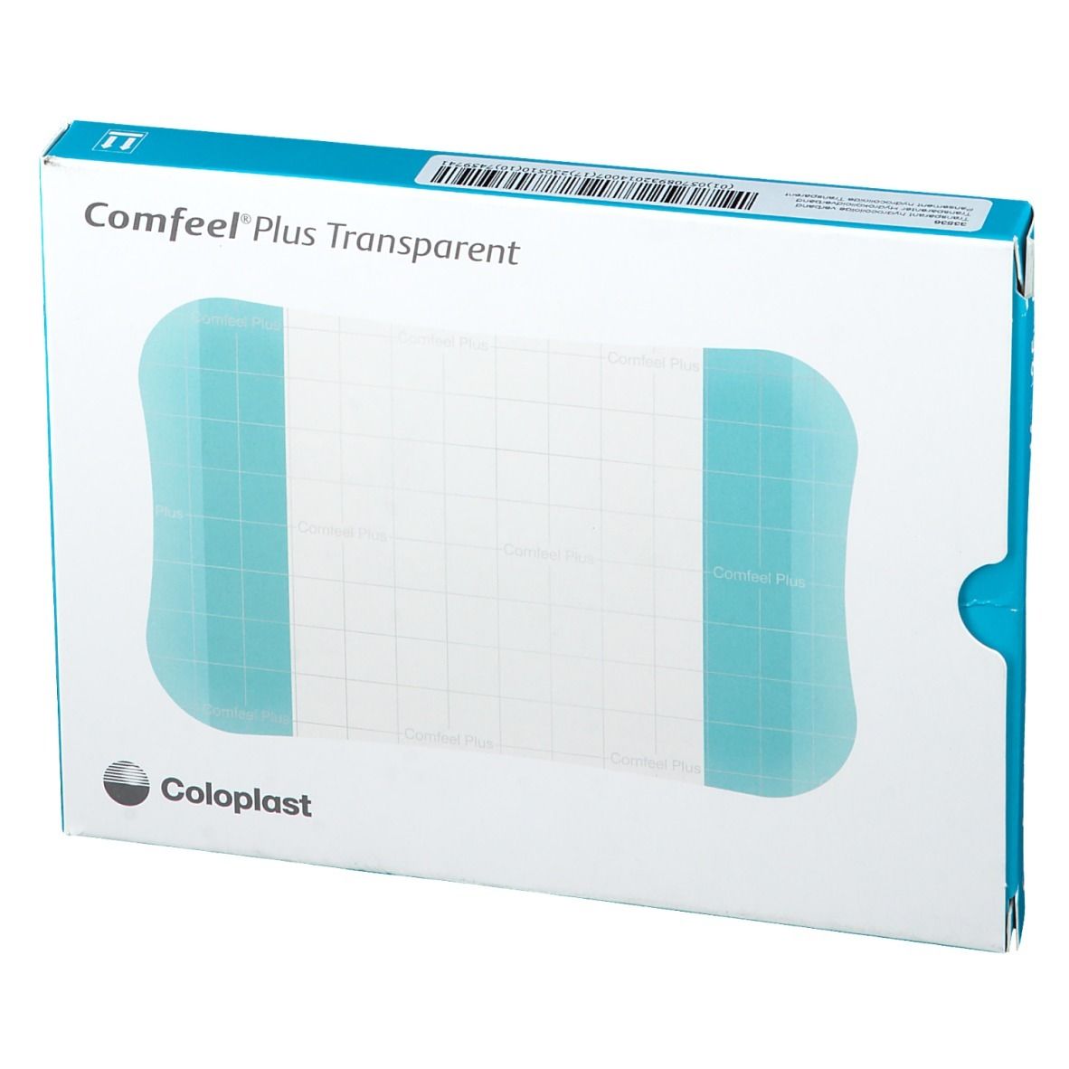 Verpakking Comfeel Plus Transparent. Afmeting 9 x 14 cm. Merk Coloplast. Zichtbaar transparant verband.