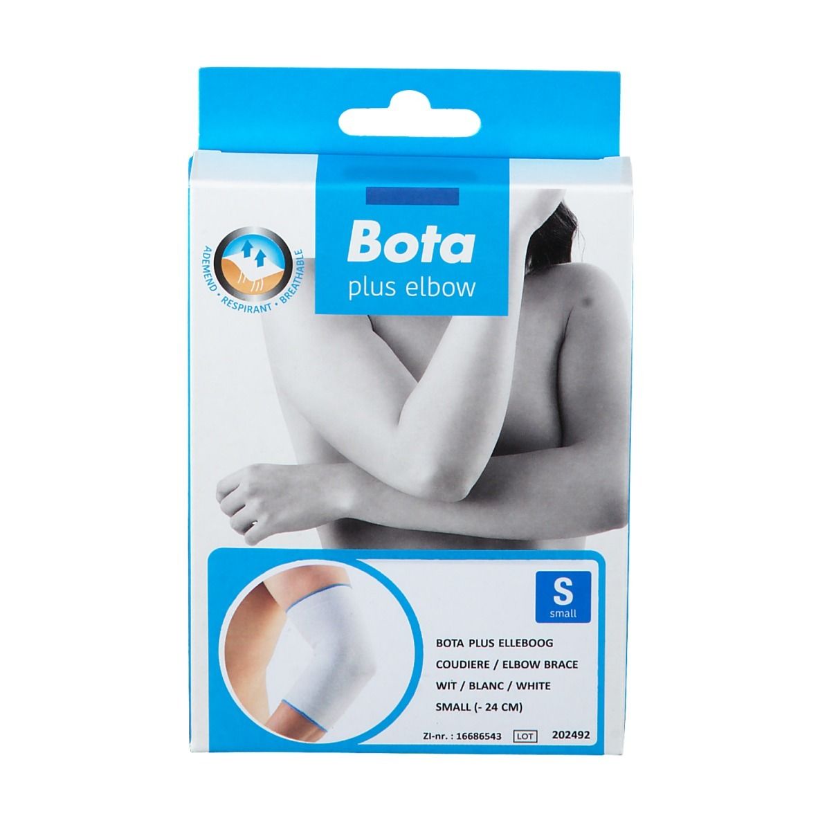 Boîte Bota Plus coudière blanche, taille S. Inscription: Bota plus elbow, S, 24 cm. Image d'un bras.