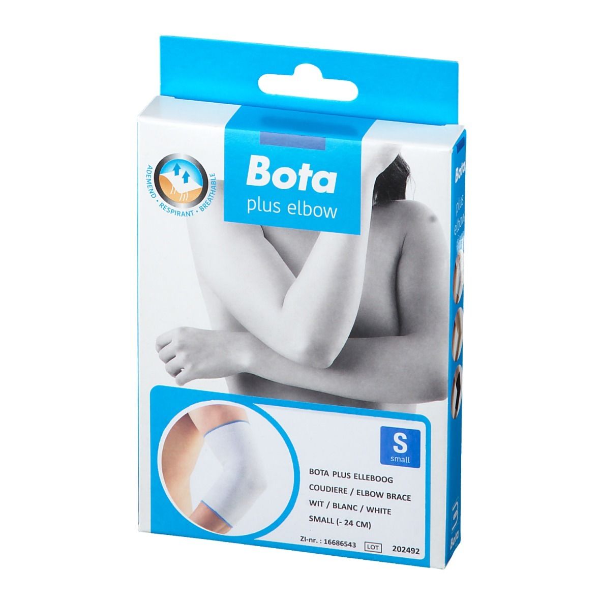 Boîte Bota Plus coudière blanche, taille S. Inscription: Bota plus elbow, S, 24 cm. Image d'un bras.