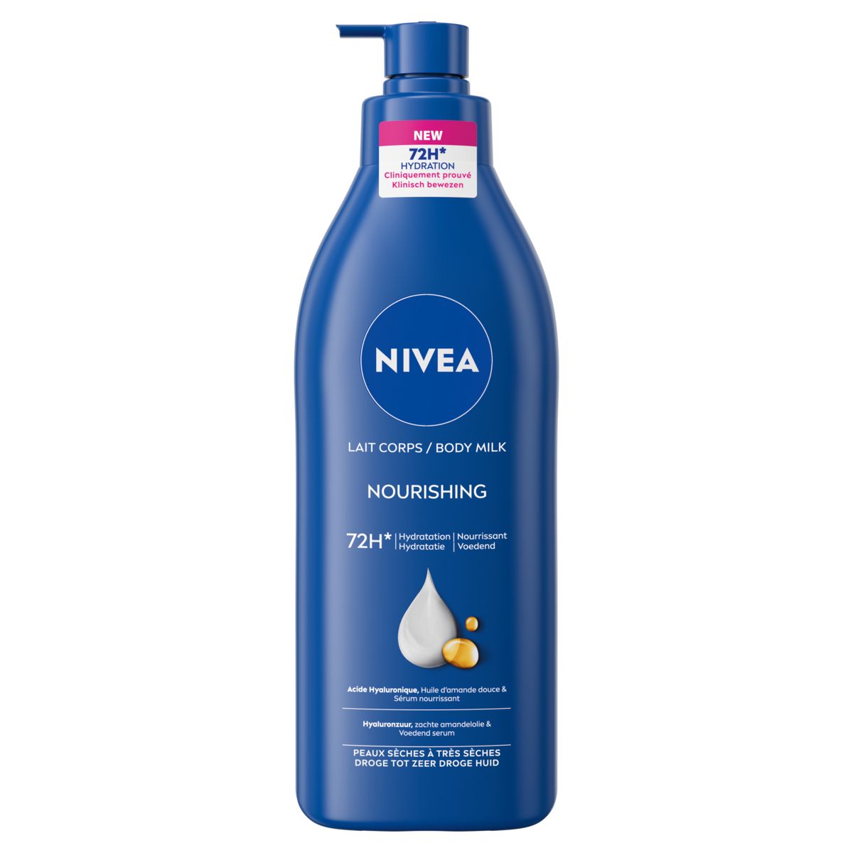 Blauwe fles NIVEA Body Milk met pomp. Opschrift: Lait Corps/Body Milk, Nourishing, 72H Hydratation.