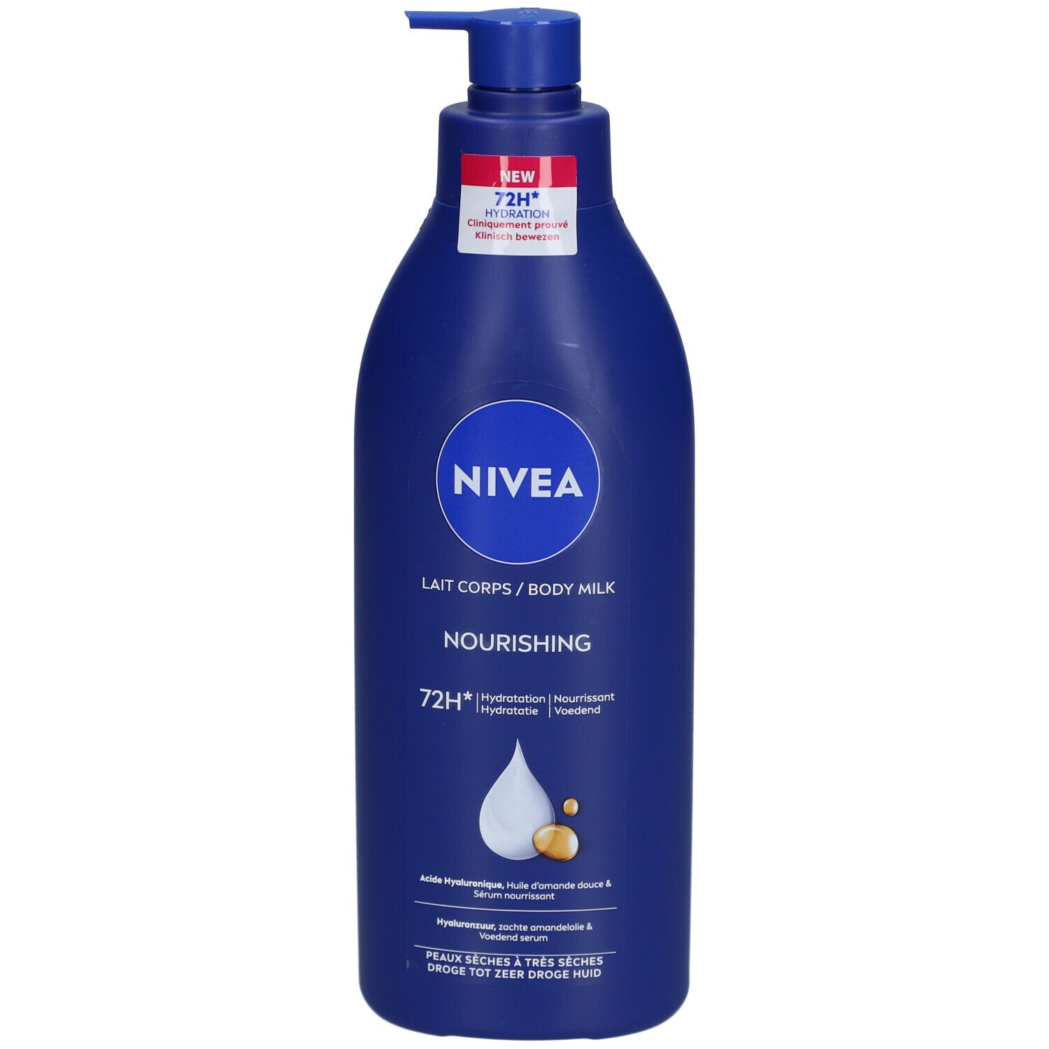 Blauwe fles NIVEA Body Milk met pomp. Opschrift: Lait Corps/Body Milk, Nourishing, 72H Hydratation.