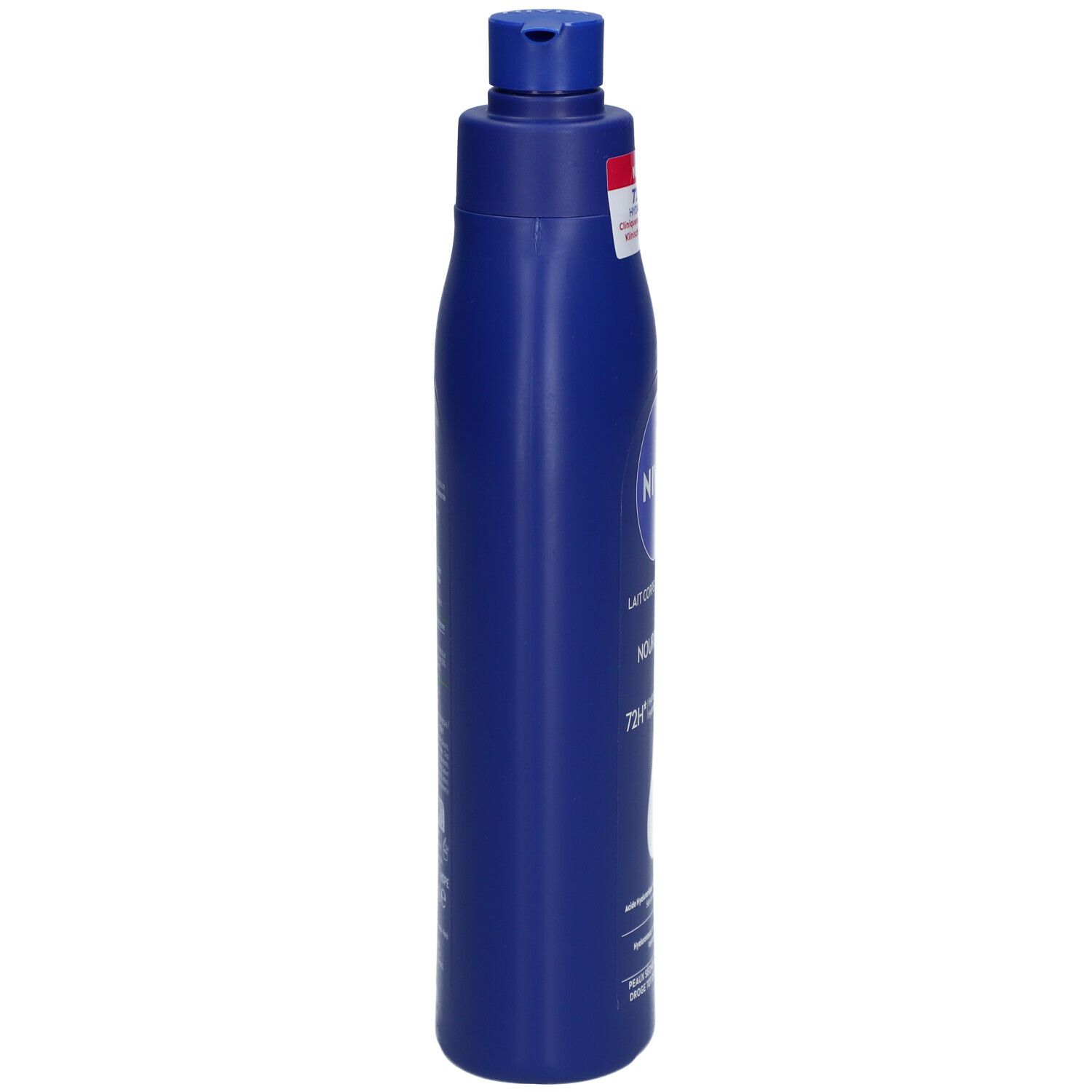 Blauwe fles NIVEA Body Milk met pomp, zijaanzicht. Opschrift: Lait Corps/Body Milk, Nourishing.