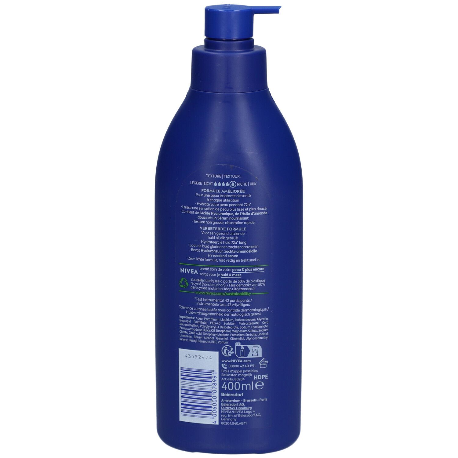 Achterkant van de blauwe NIVEA Body Milk fles. Opschrift: ingrediënten, 400ml, recycling symbool.