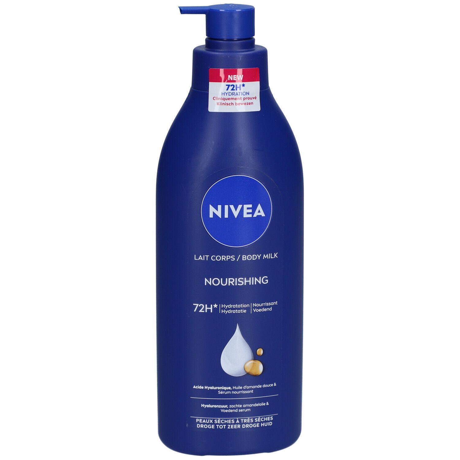 Blauwe fles NIVEA Body Milk met pomp. Opschrift: Lait Corps/Body Milk, Nourishing, 72H Hydratation.