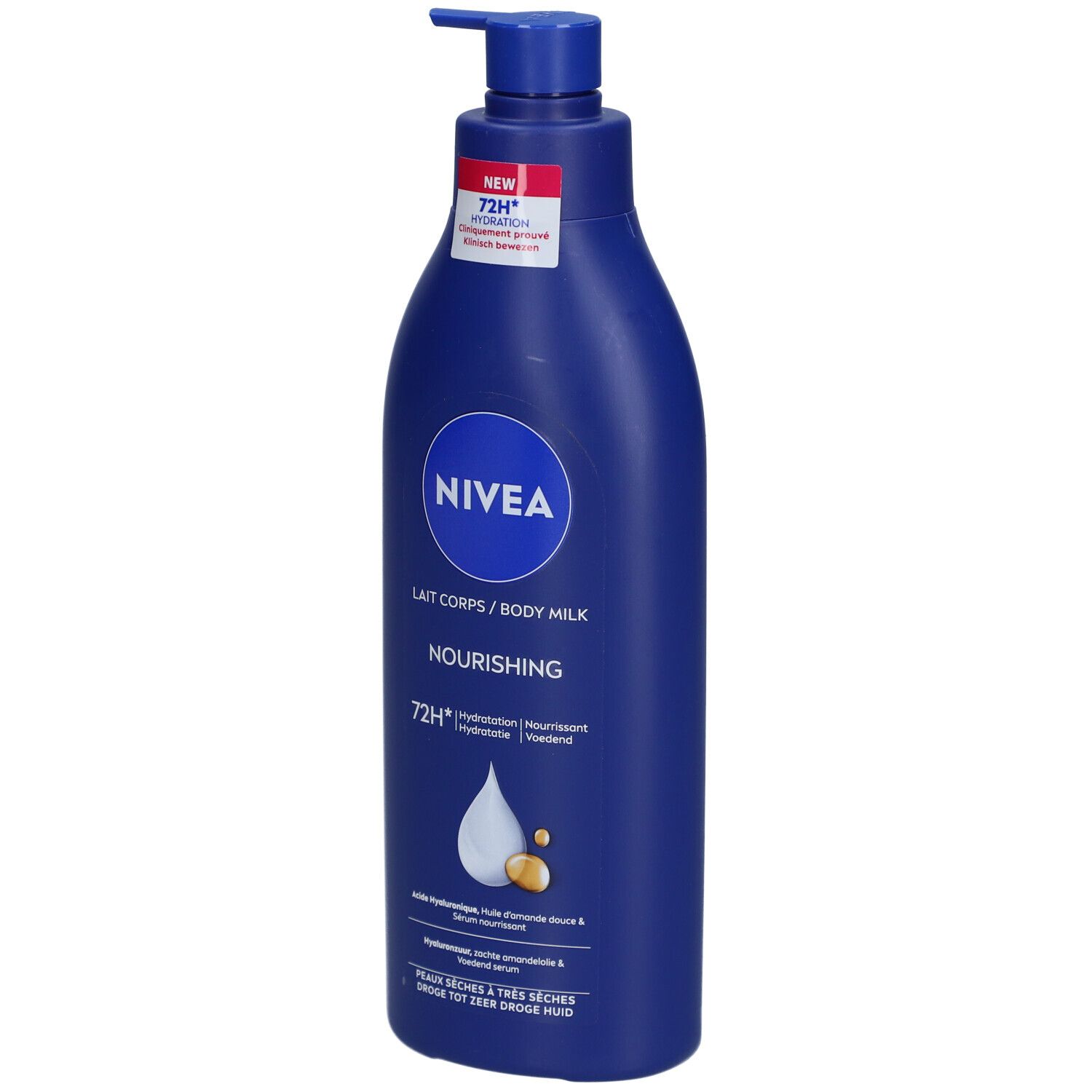 Blauwe fles NIVEA Body Milk met pomp. Opschrift: Lait Corps/Body Milk, Nourishing, 72H Hydratation.