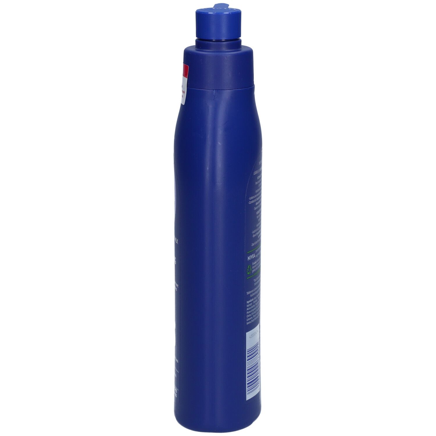 Blauwe fles NIVEA Body Milk met pomp, zijaanzicht. Opschrift: Lait Corps/Body Milk, Nourishing.