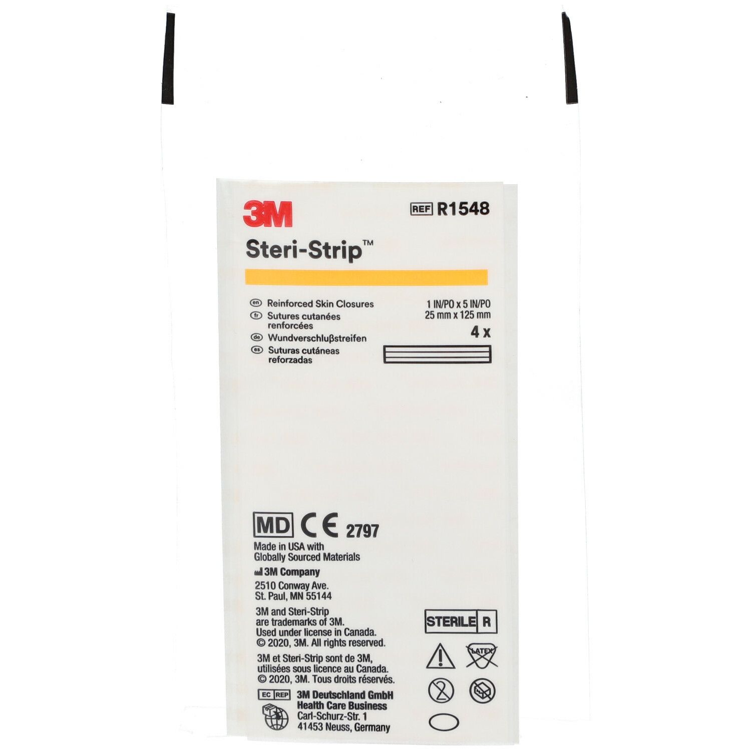 Verpakking met 3M Steri-Strip. Bevat 4 strips, 25 mm x 125 mm. CE-markering en steriel symbool.