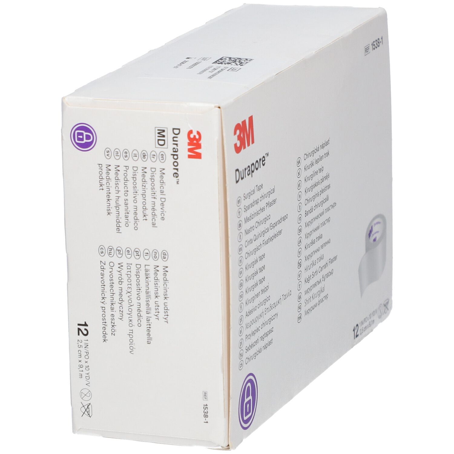 Emballage incliné de 3M Durapore. Inscriptions multilingues. Visible : logo, nom du produit, marquage dispositif médical, 12 rouleaux.