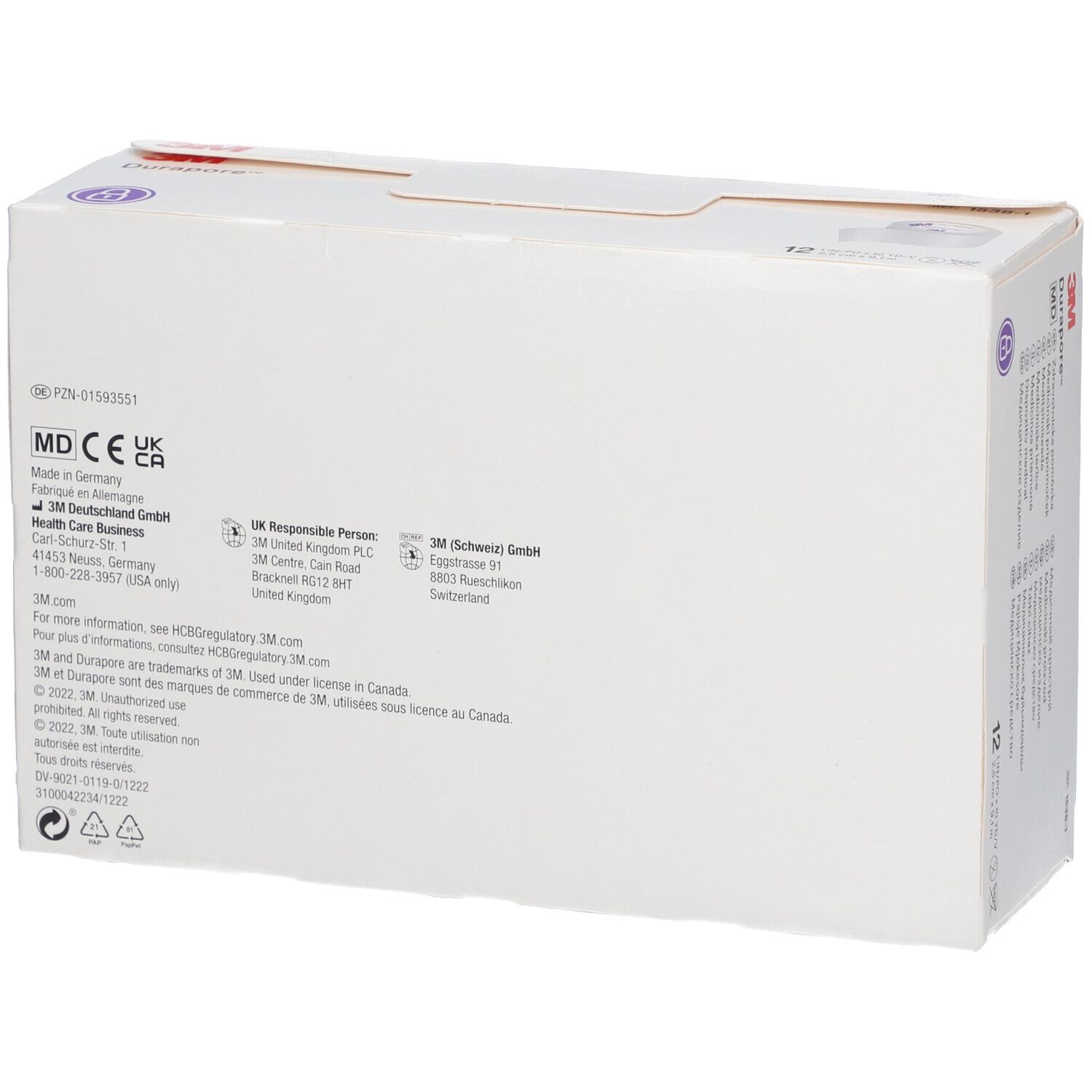 Dos de l'emballage 3M Durapore. Informations fabricant, importateur et certifications. Marquage CE visible.