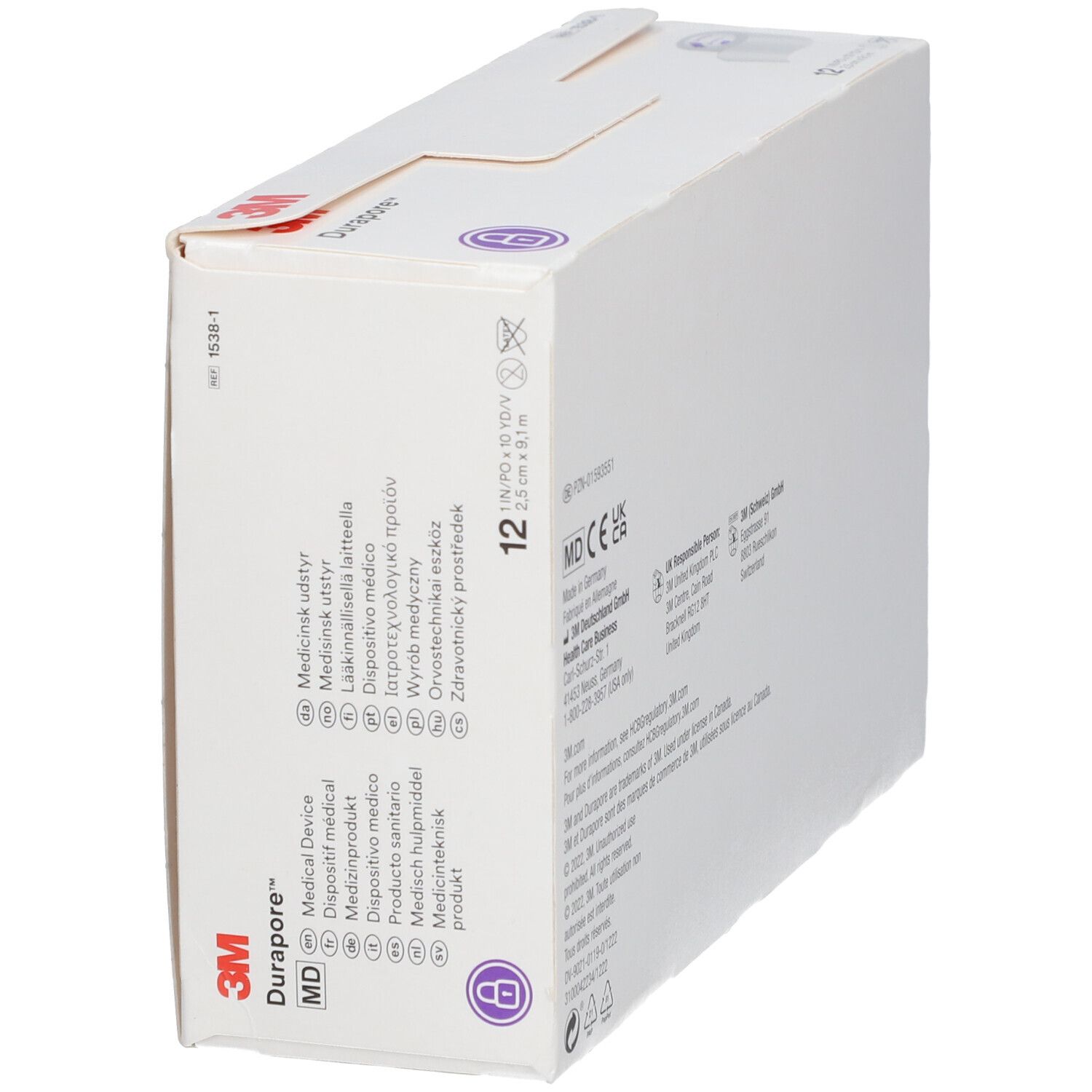 Emballage incliné de 3M Durapore. Inscriptions multilingues. Visible : logo, nom du produit, marquage dispositif médical, 12 rouleaux.