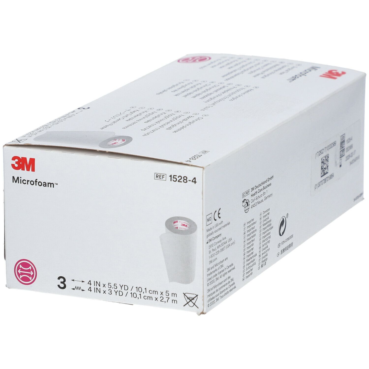 Boîte blanche avec logo 3M Microfoam et informations produit. Contient trois rouleaux. Dimensions : 4 po x 5,5 YD / 10,1 cm x 5 m. REF 1528-4.