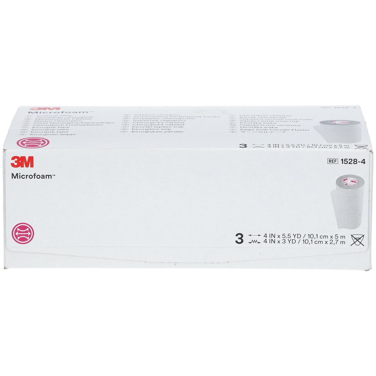 Boîte blanche avec logo 3M Microfoam et informations produit. Contient trois rouleaux. Dimensions : 4 po x 5,5 YD / 10,1 cm x 5 m. REF 1528-4.
