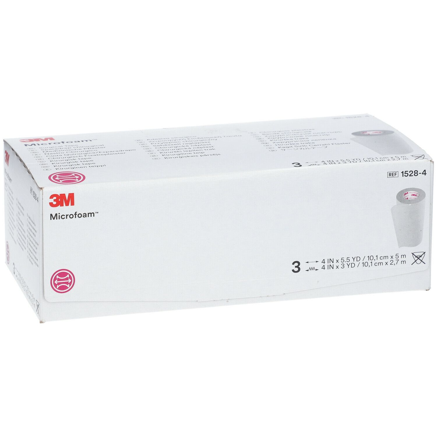 Boîte blanche avec logo 3M Microfoam et informations produit. Contient trois rouleaux. Dimensions : 4 po x 5,5 YD / 10,1 cm x 5 m. REF 1528-4.