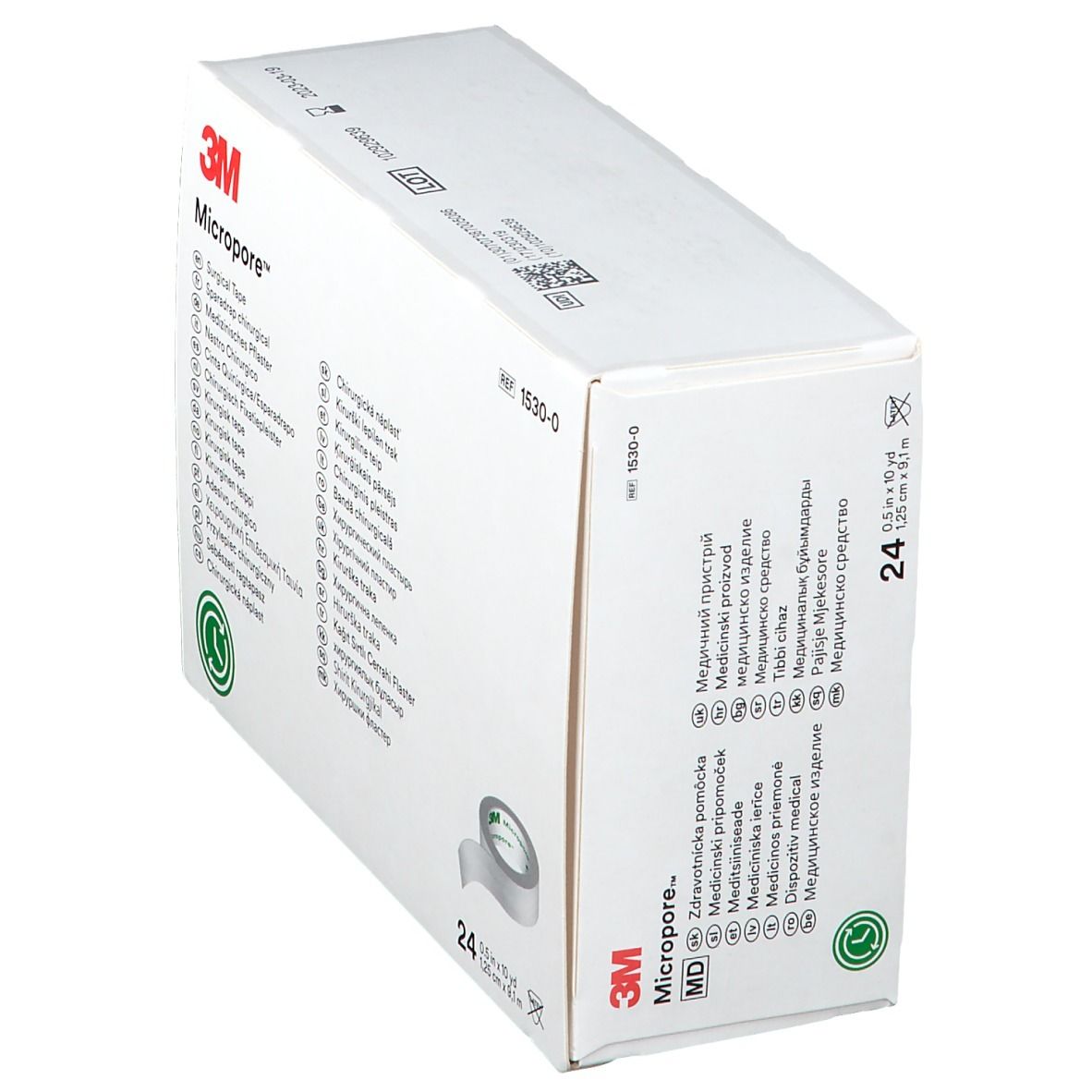 3M Micropore verpakking. Witte doos met productnaam en meertalige tekst. 24 rollen chirurgische tape.