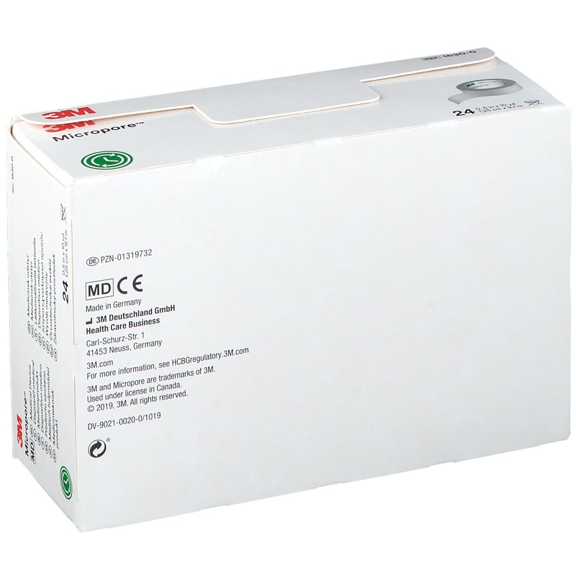 3M Micropore verpakking. Witte doos met productinformatie en certificeringen. MD-markering.