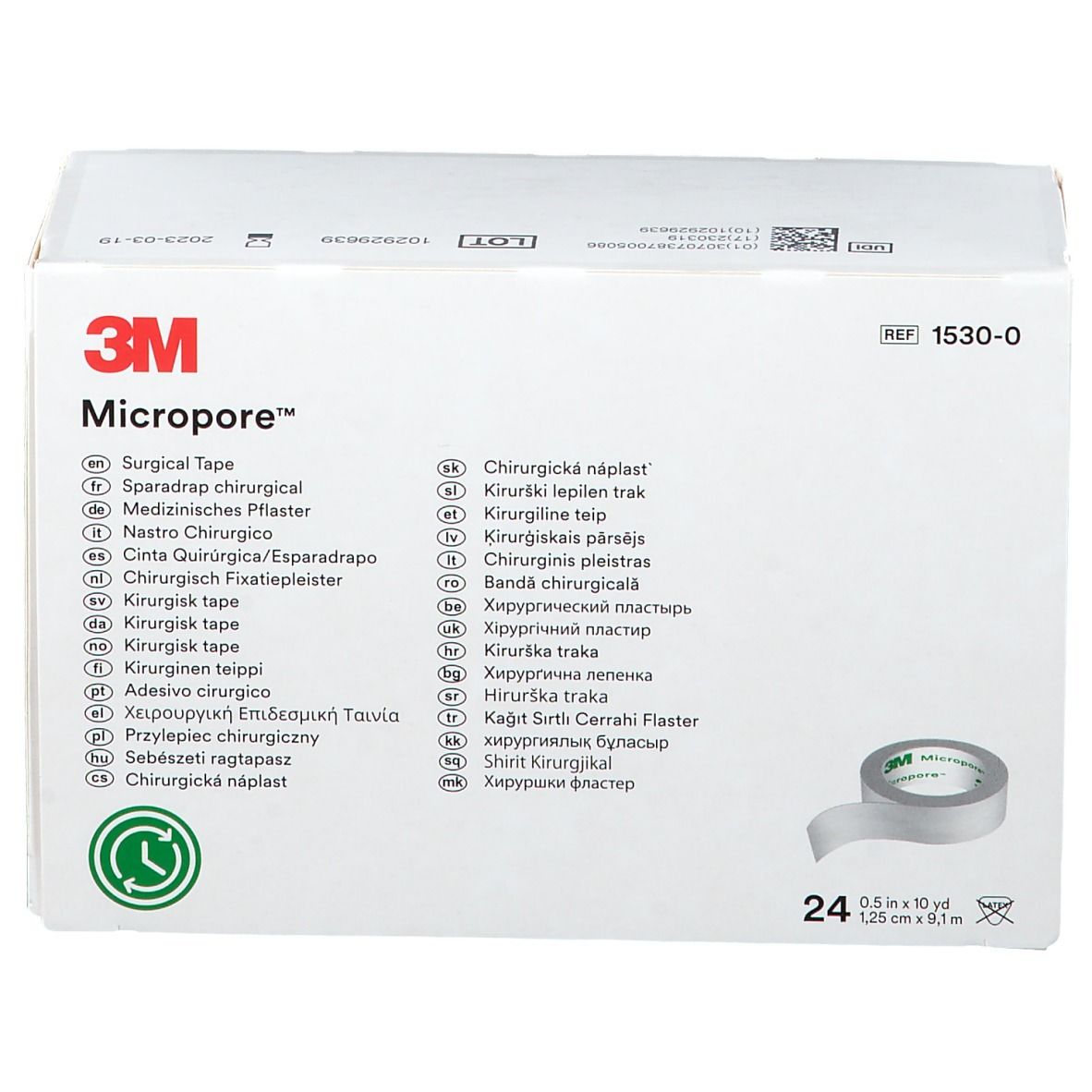 3M Micropore chirurgische tape. Witte verpakking met productafbeelding en meertalige tekst. 24 rollen.