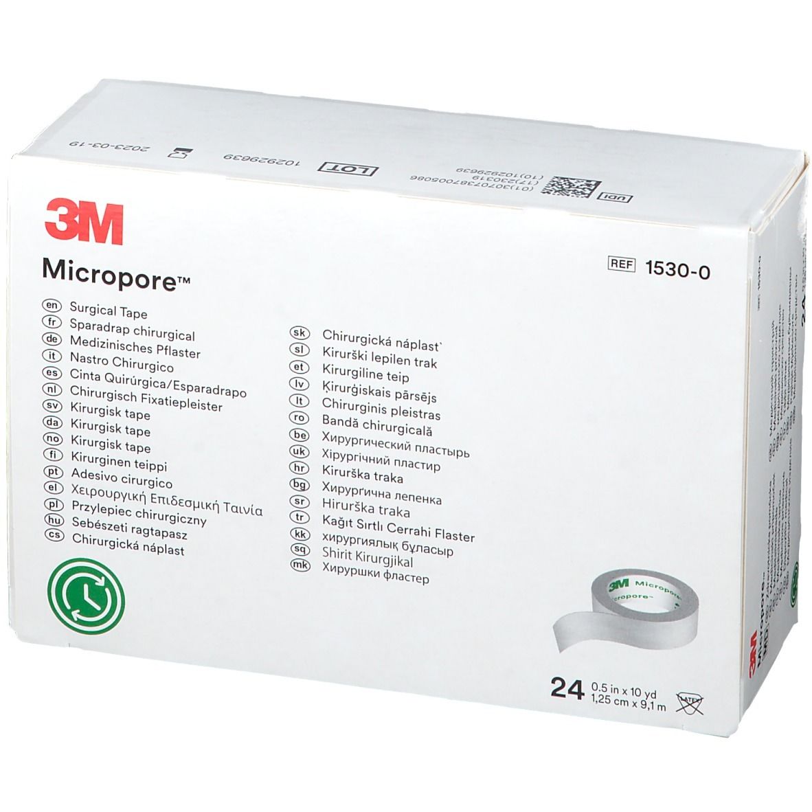 3M Micropore chirurgische tape. Witte verpakking met productafbeelding en meertalige tekst. 24 rollen.