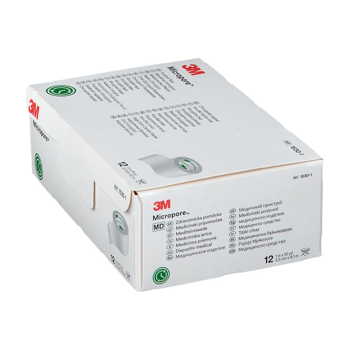 Boîte blanche avec logo 3M Micropore et symboles verts. Contient 12 rouleaux de ruban adhésif. Désignations multilingues.