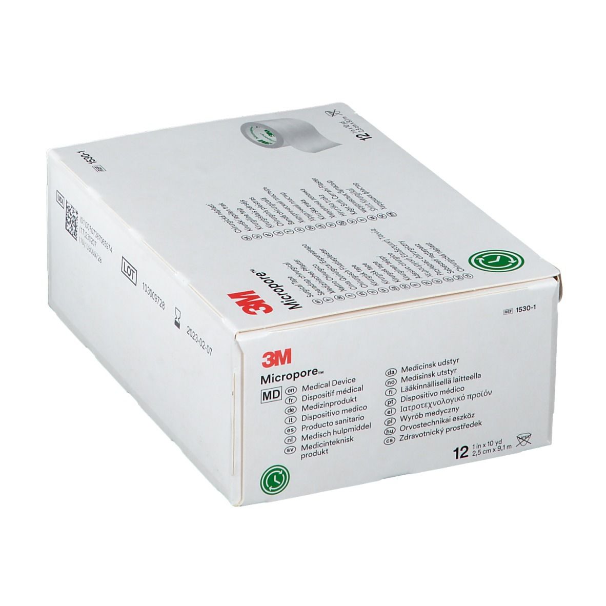 Boîte blanche avec logo 3M Micropore et symboles verts. Contient 12 rouleaux de ruban adhésif. Désignations multilingues.