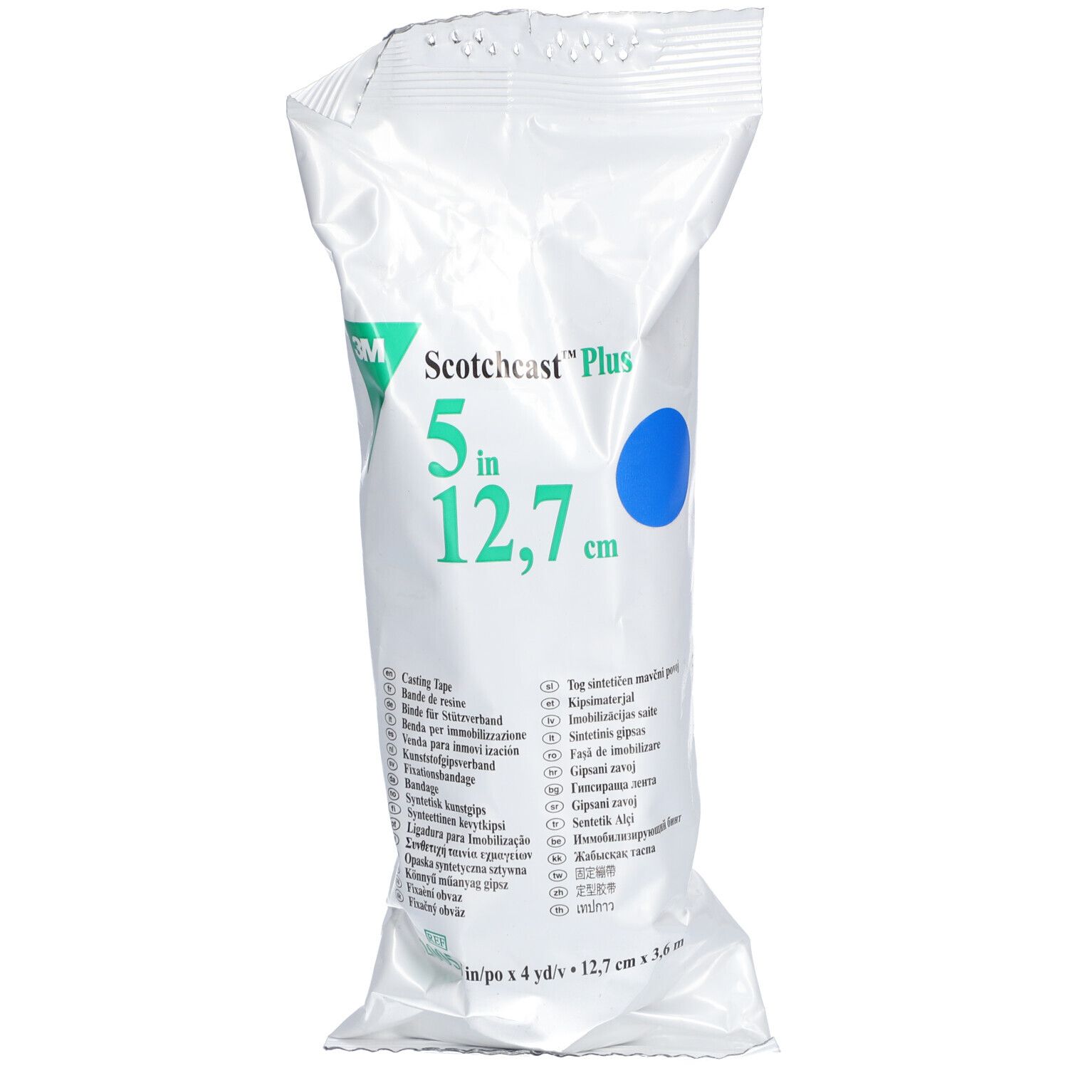 Emballage de bandage bleu. Inscription: Scotchcast Plus, 5 in, 12,7 cm. Logo 3M. Textes multilingues.