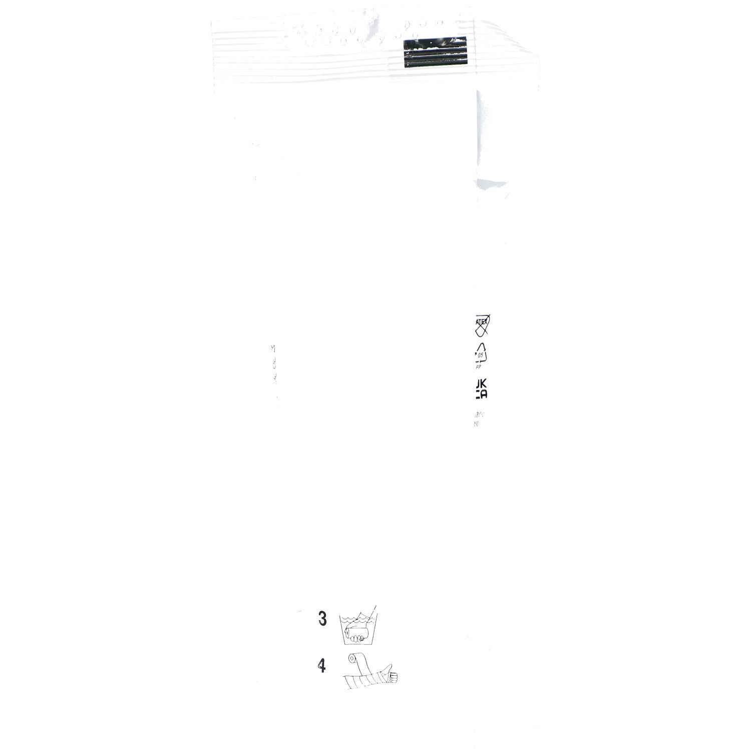 Emballage blanc avec symboles de recyclage et instructions de lavage. Texte illisible.