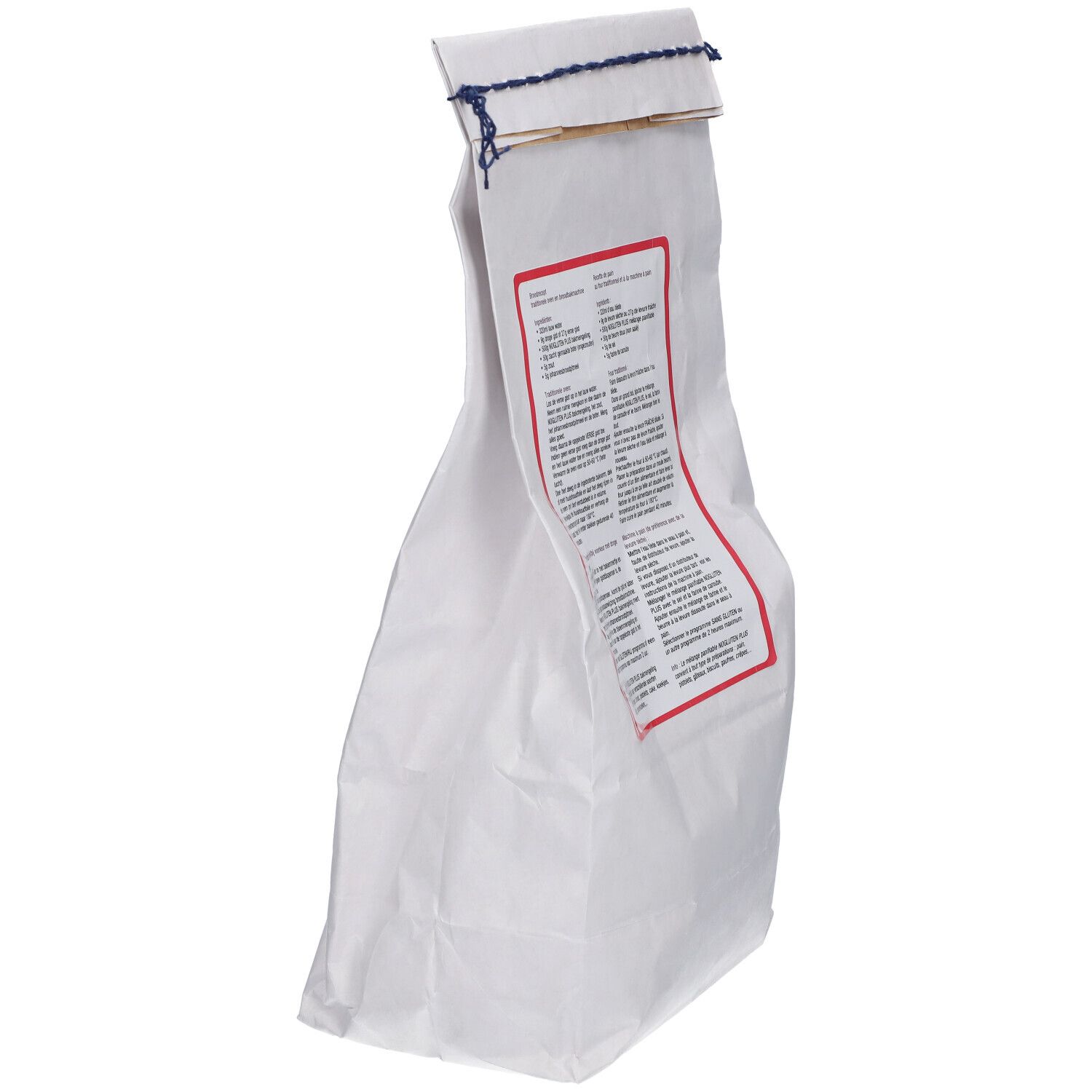 Sac blanc avec étiquette rouge. Texte en plusieurs langues. Fermeture à cordon. Informations au dos.