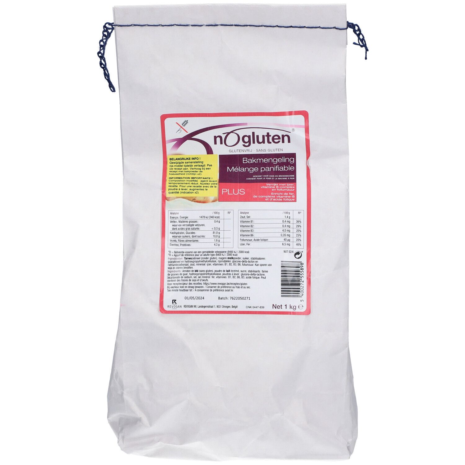 Sac blanc avec impression. Inscription : nOgluten, mélange de cuisson. Détails rouges et jaunes. Fermeture à cordon.