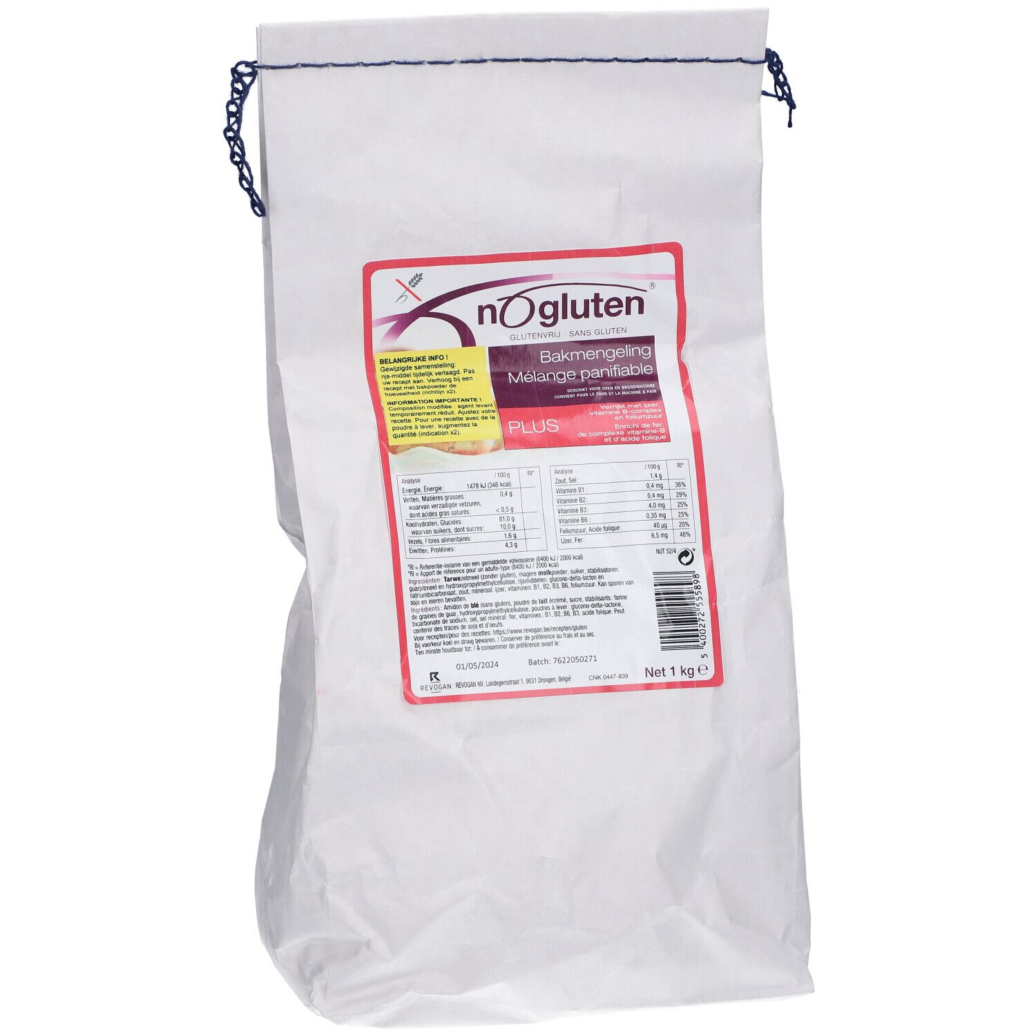 Sac blanc avec impression. Inscription : nOgluten, mélange de cuisson. Détails rouges et jaunes. Fermeture à cordon.