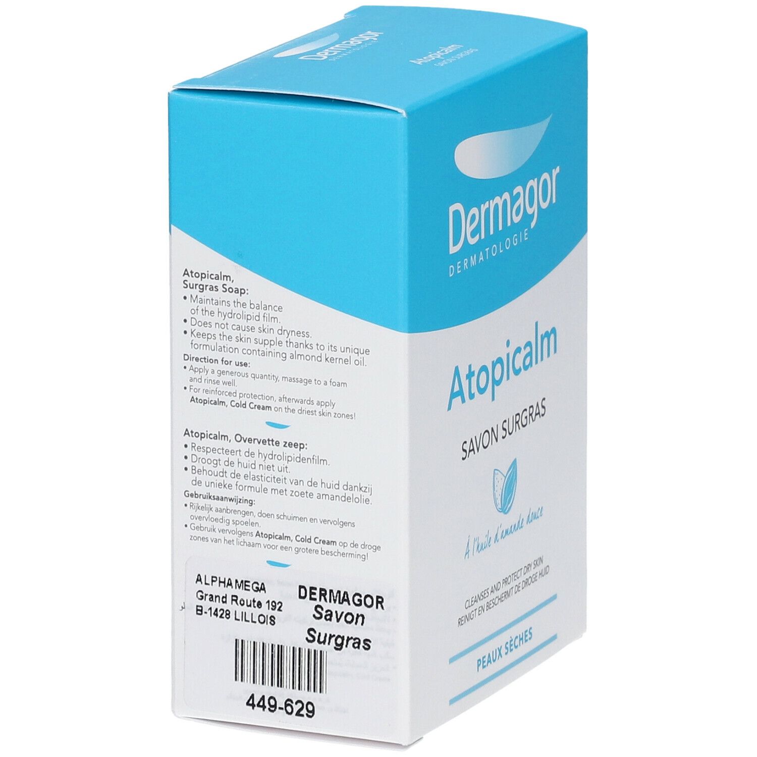 Blaue und weiße Schachtel, Produktinformationen. Text: Atopicalm Savon Surgras, Inhaltsstoffe, Gebrauchsanweisung. Herstelleradresse.