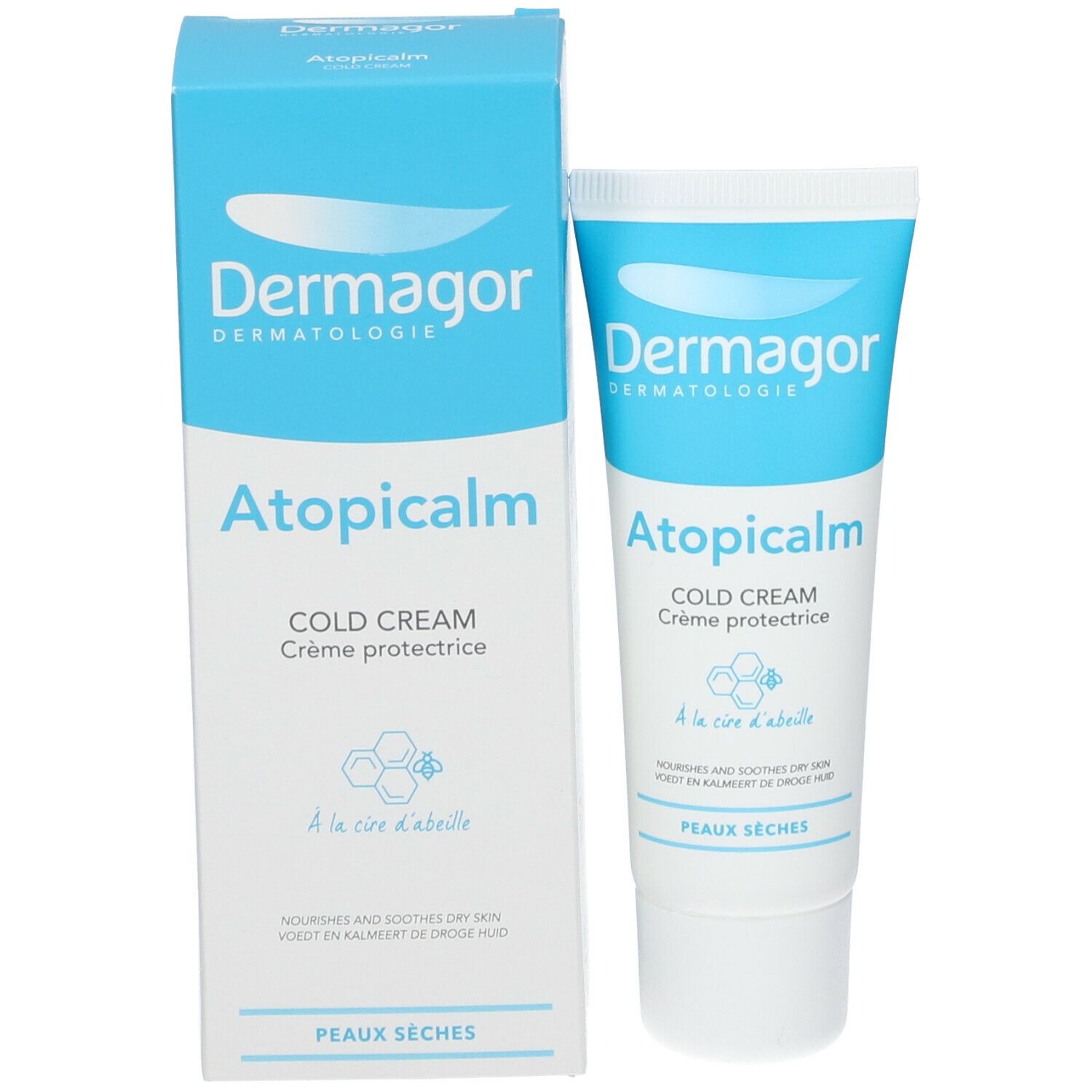 Emballage du produit avec tube. Dermagor Atopicalm Cold Cream. Design blanc et bleu. Cire d'abeille. Peaux sèches.