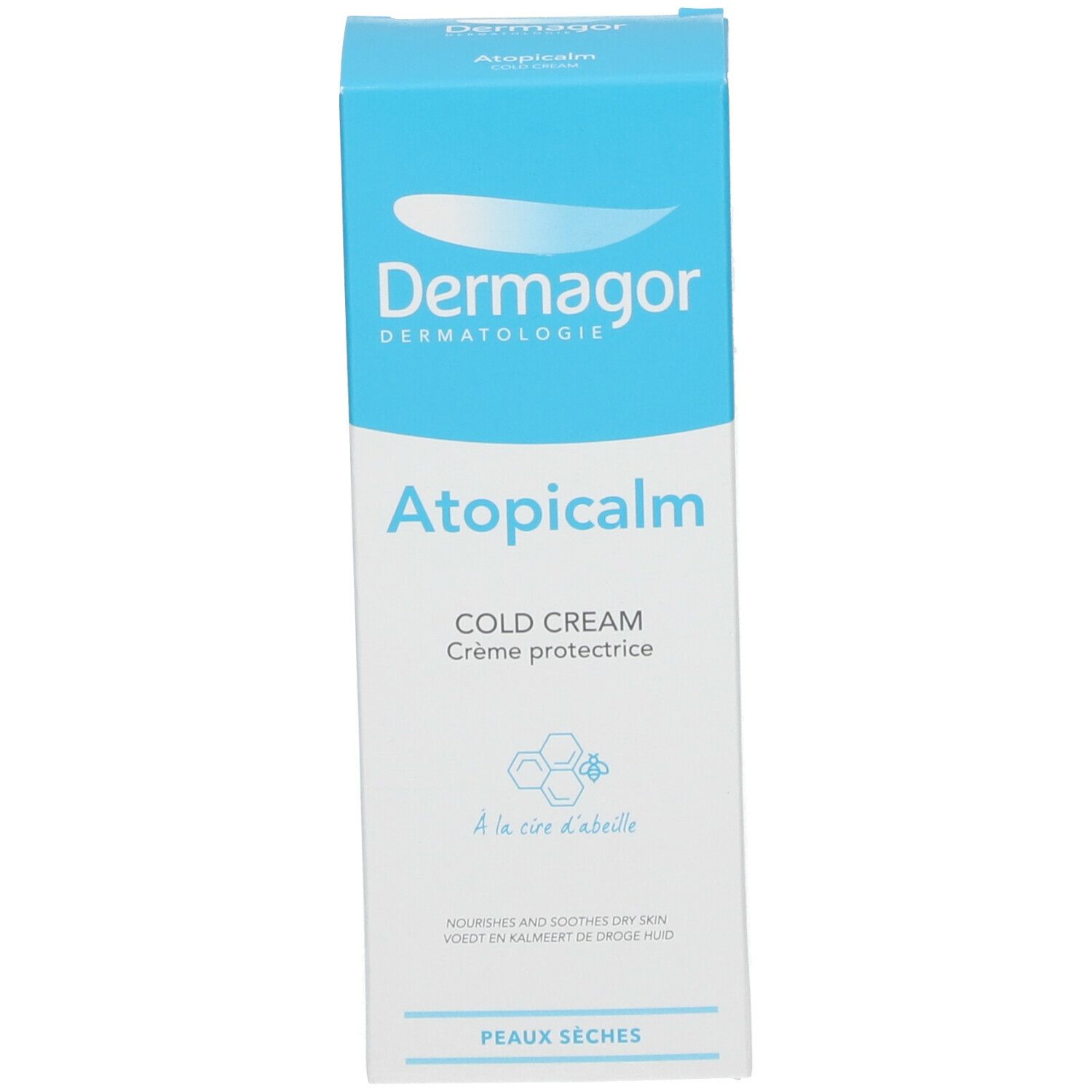 Emballage du produit. Dermagor Atopicalm Cold Cream. Design blanc et bleu. Cire d'abeille. Peaux sèches.