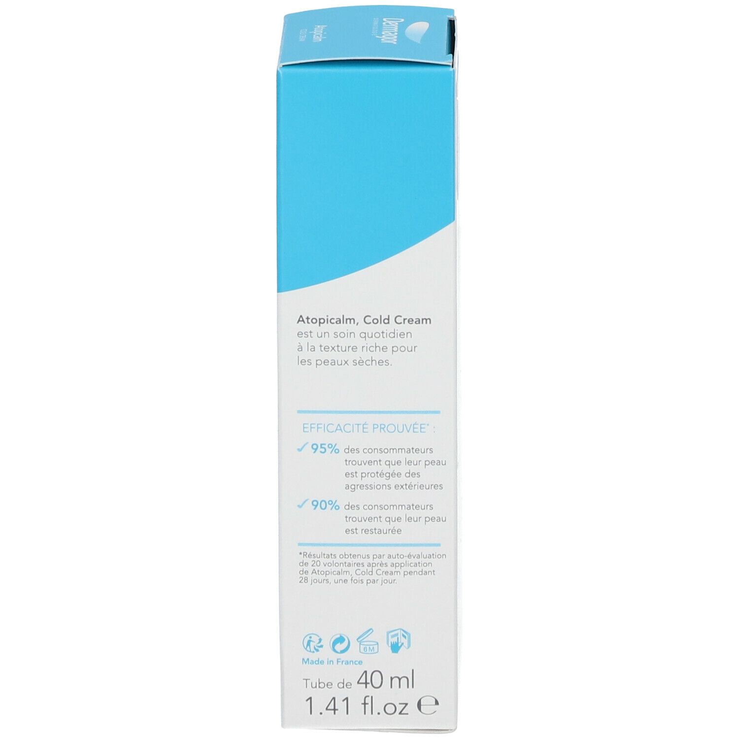 Côté de l'emballage du produit. Informations sur l'efficacité. 40 ml. Fabriqué en France.