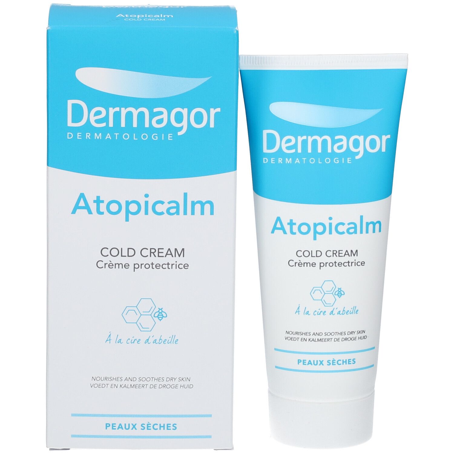 Emballage et tube. Inscription: Dermagor, Atopicalm Cold Cream. Contient de la cire d'abeille. Pour peaux sèches.