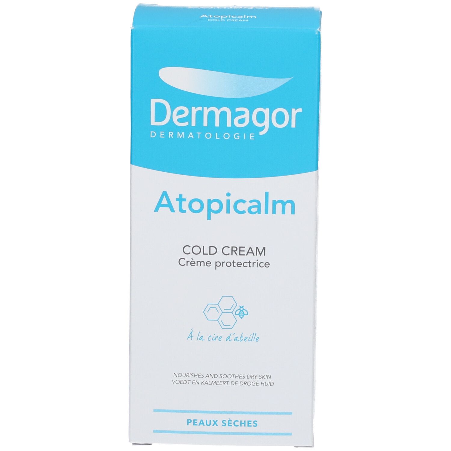 Emballage du produit. Inscription: Dermagor, Atopicalm Cold Cream. Contient de la cire d'abeille. Pour peaux sèches.