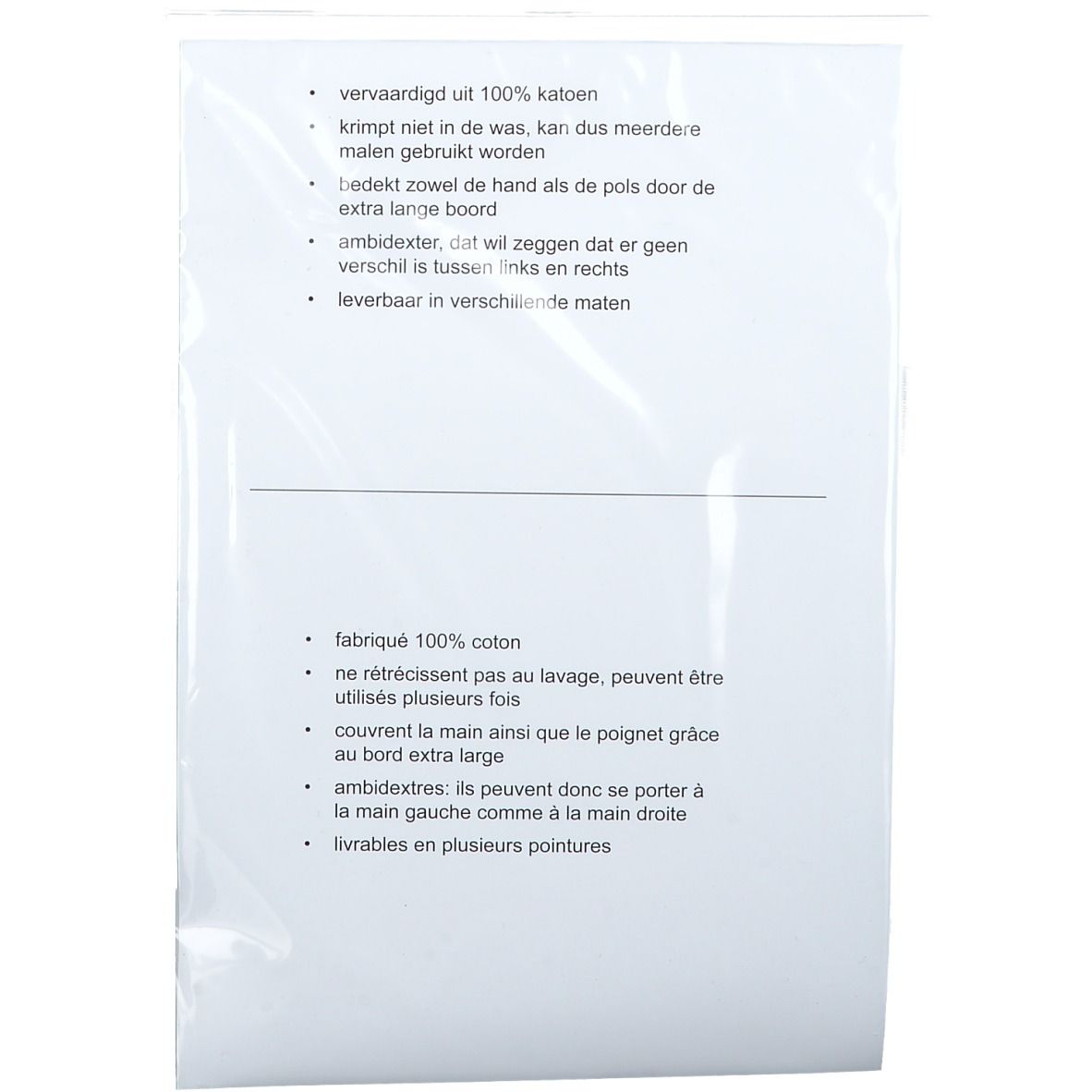Achterkant van de verpakking met tekst. Tekstgedeelten in het Nederlands en Frans. Bevat informatie over materiaal en eigenschappen.