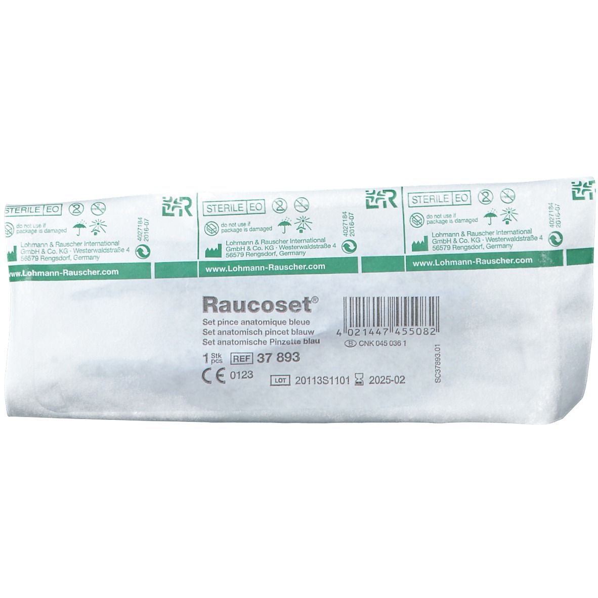 Emballage avec pince anatomique bleue. Nom du produit Raucoset®. Emballage stérile. Dispositif médical.