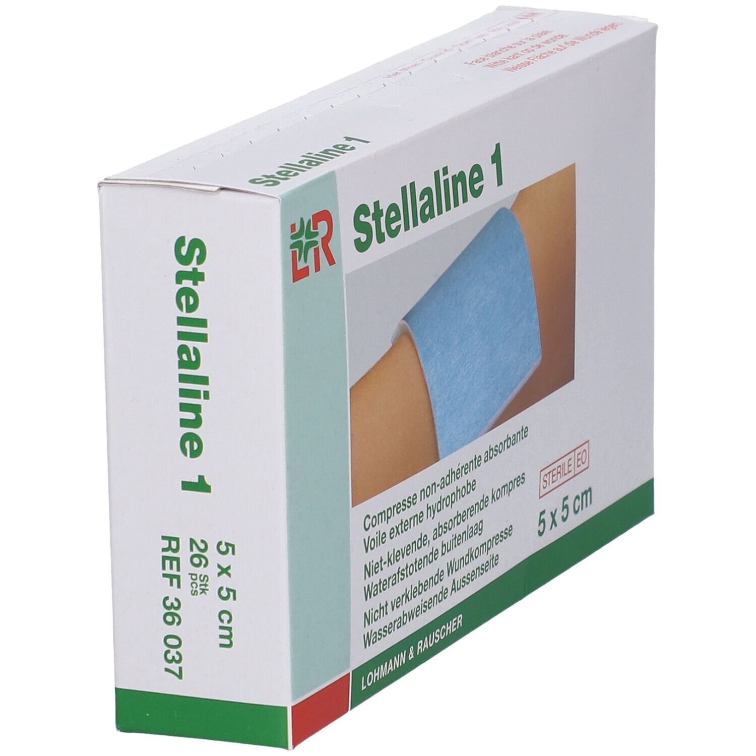 Emballage de Stellaline 1 en biais. Compresse bleue sur un bras. Dimensions : 5x5 cm.