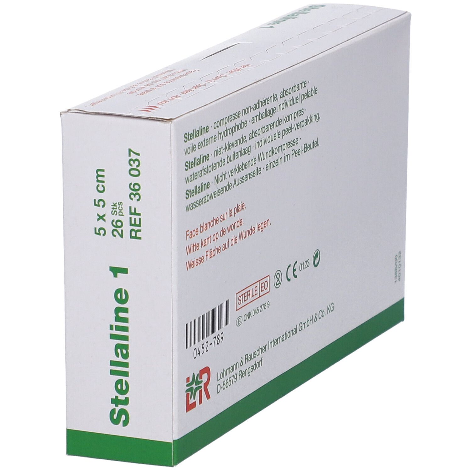Dos de l'emballage Stellaline 1. Texte multilingue. Dimensions : 5x5 cm. Fabricant : Lohmann & Rauscher.