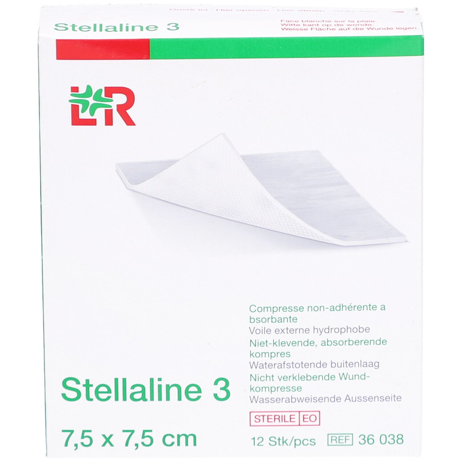 Boîte de Stellaline 3. 12 compresses stériles, 7,5 x 7,5 cm. Compresse partiellement visible. Texte : Compresse non-adhérente.