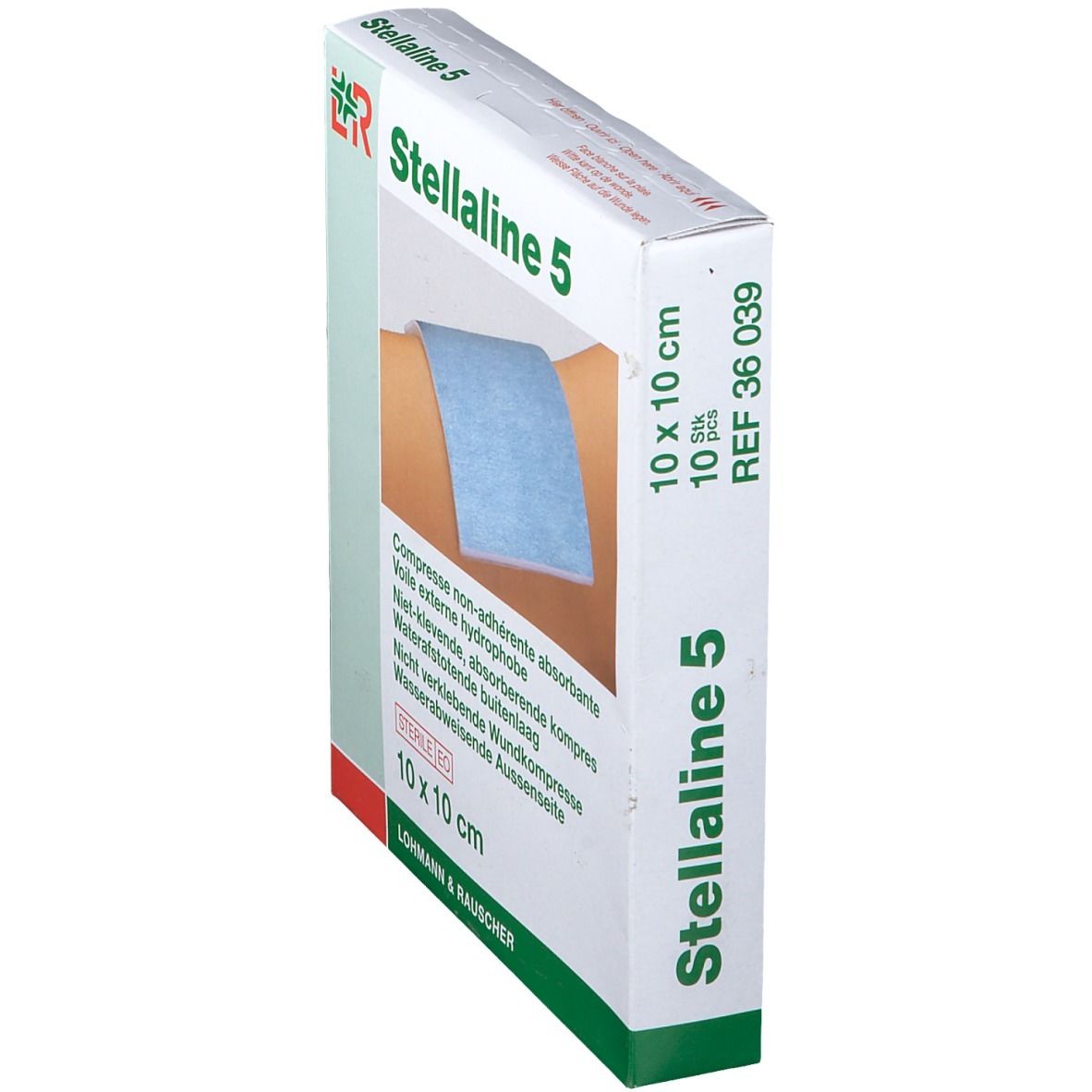 Schuin geplaatste verpakking van Stellaline 5, 10x10 cm. Opschriften: STERILE EO, Lohmann & Rauscher.